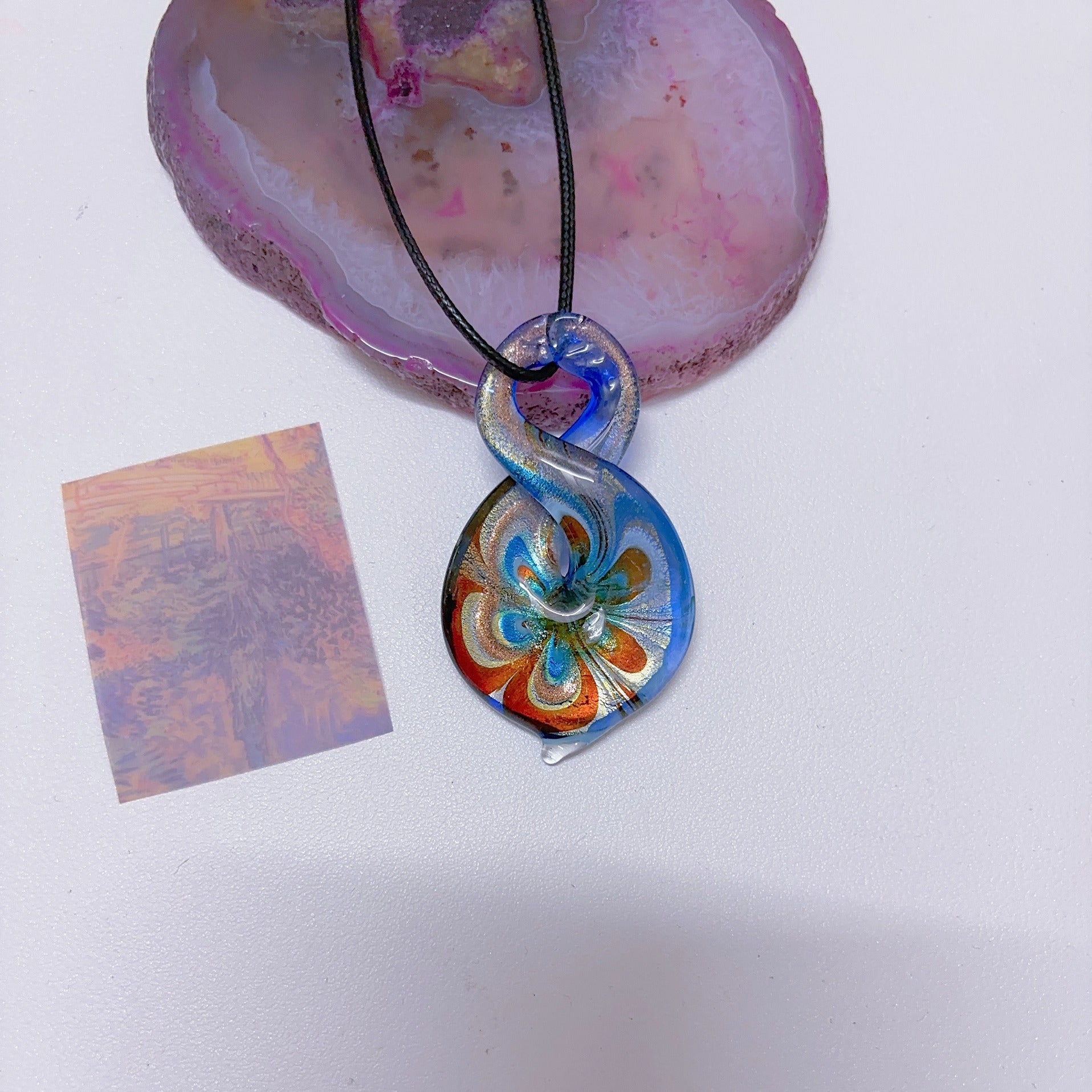 Island style blue glass pendant necklace, vintage nostalgic colorful art necklace, ins style niche design, one of a kind.