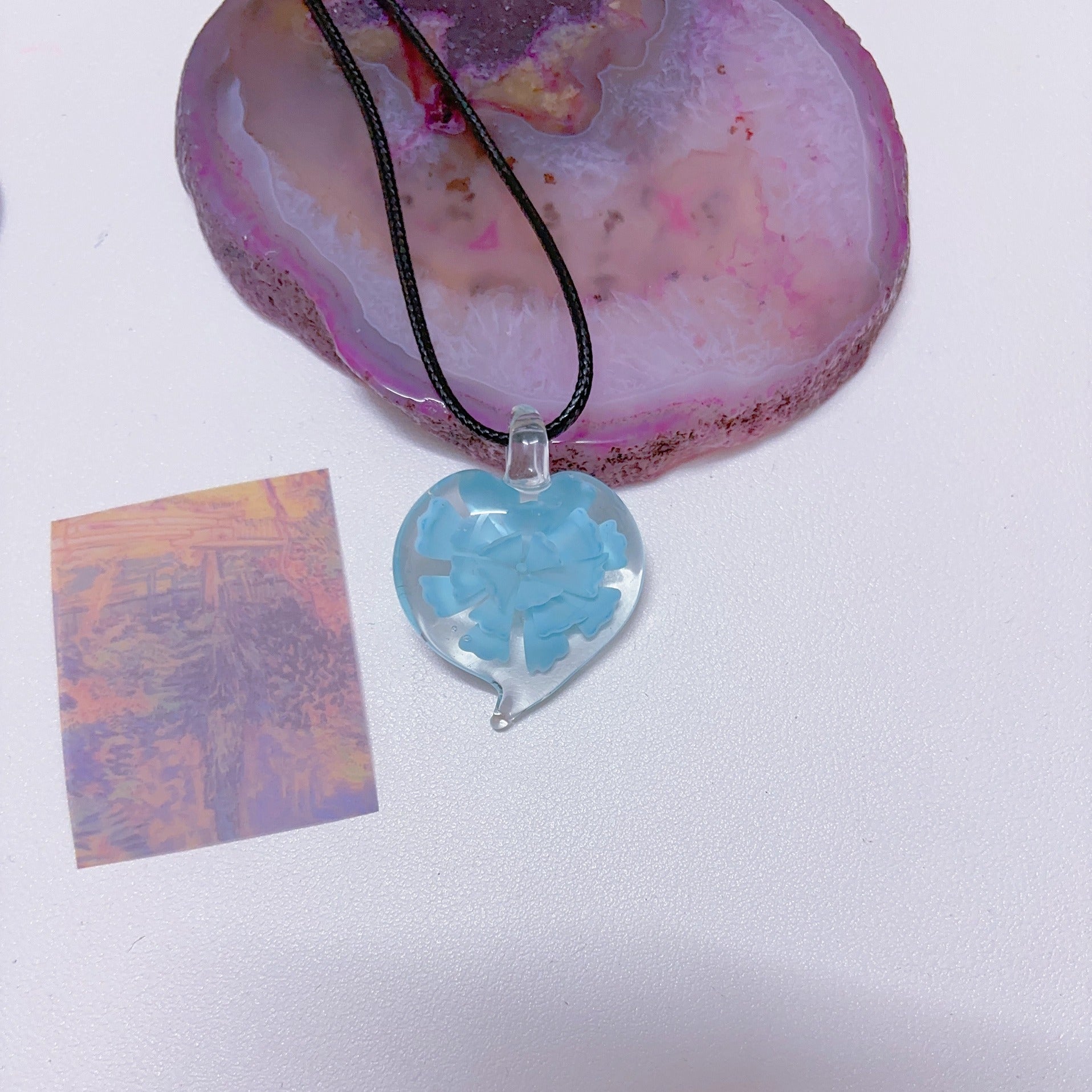 Island style blue glass pendant necklace, vintage nostalgic colorful art necklace, ins style niche design, one of a kind.