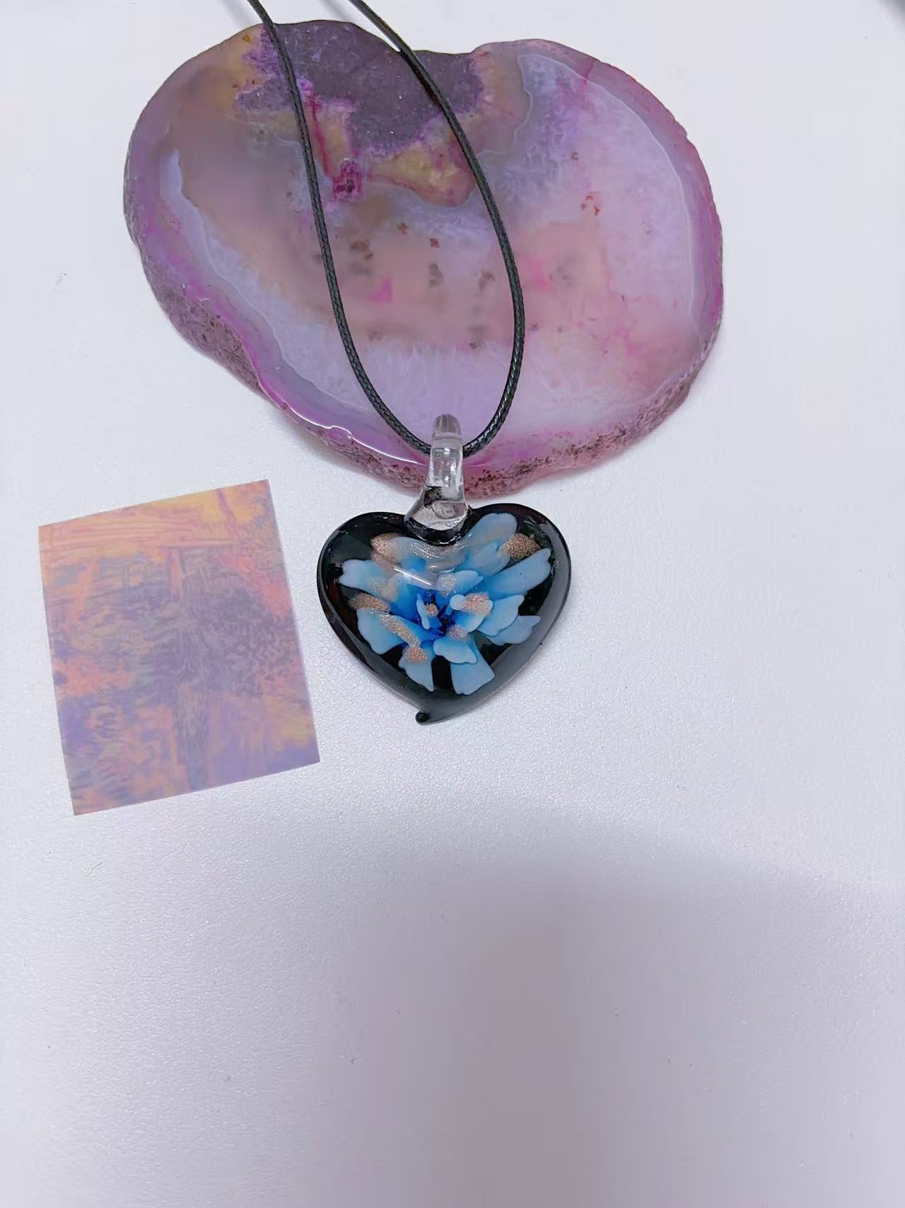 K6 blue necklace glass necklace design sense necklace colorful necklace leather rope long necklace y2k glass pendant female