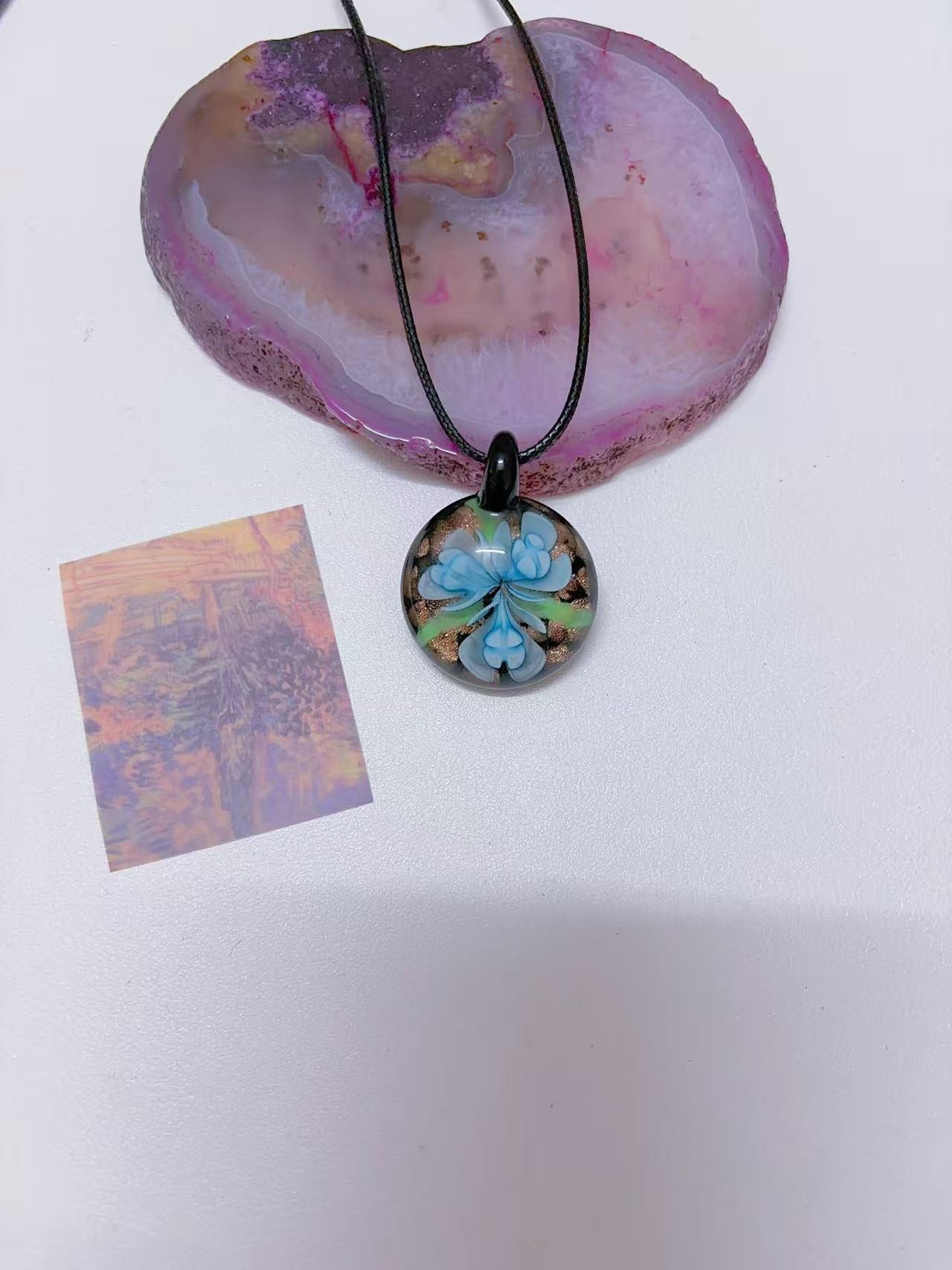 K6 blue necklace glass necklace design sense necklace colorful necklace leather rope long necklace y2k glass pendant female