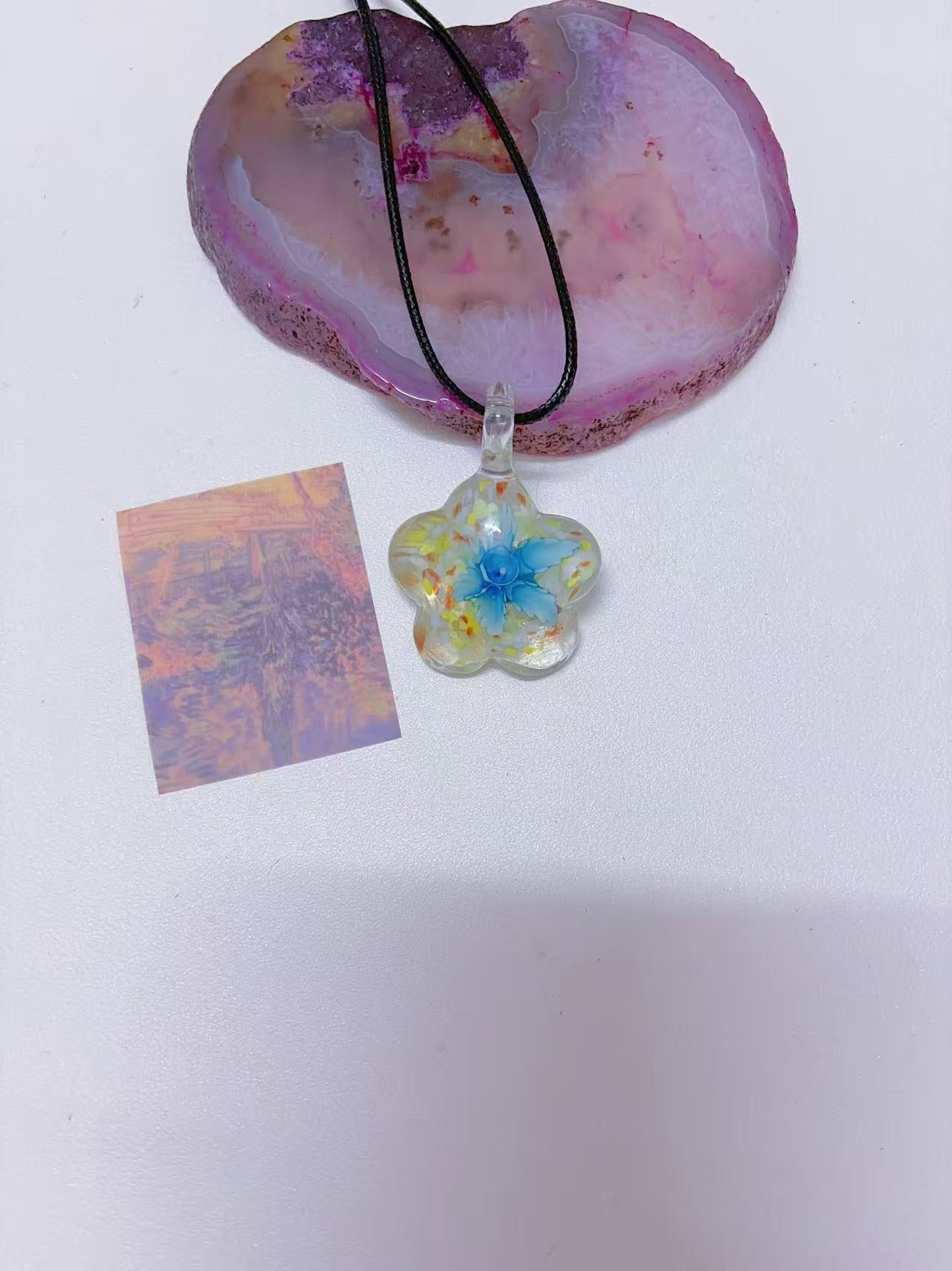 K6 blue necklace glass necklace design sense necklace colorful necklace leather rope long necklace y2k glass pendant female