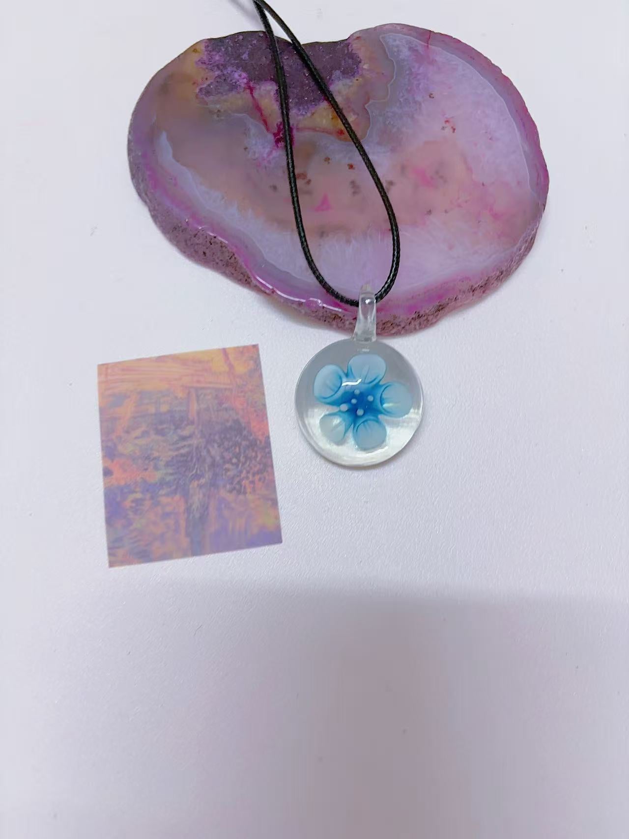 K6 blue necklace glass necklace design sense necklace colorful necklace leather rope long necklace y2k glass pendant female