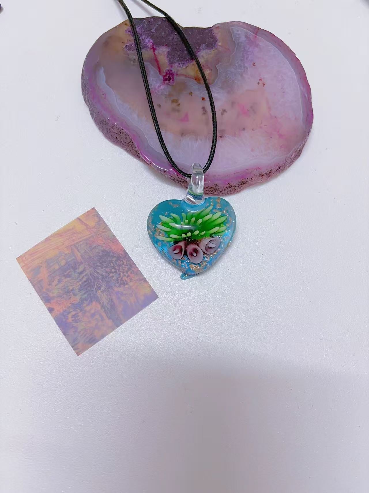 K6 blue necklace glass necklace design sense necklace colorful necklace leather rope long necklace y2k glass pendant female