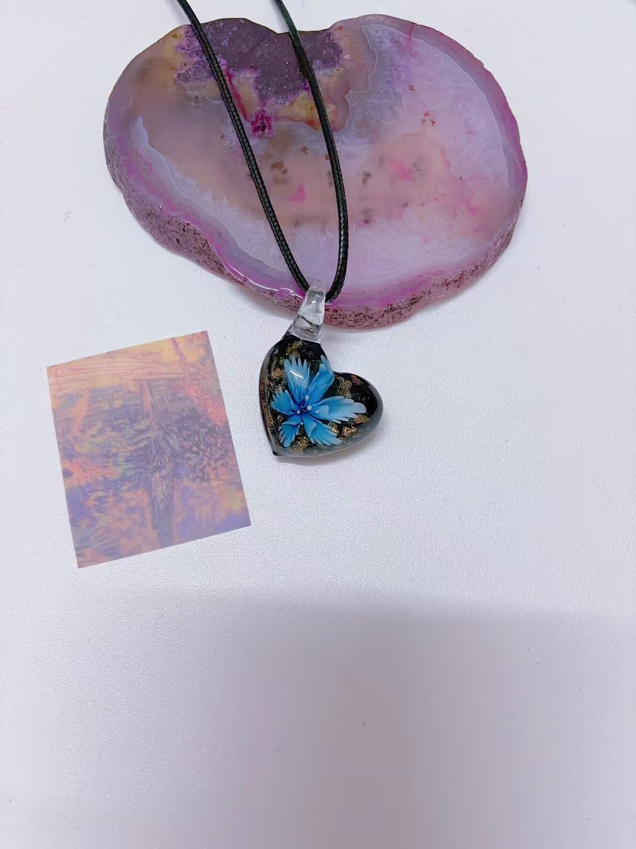 K6 blue necklace glass necklace design sense necklace colorful necklace leather rope long necklace y2k glass pendant female