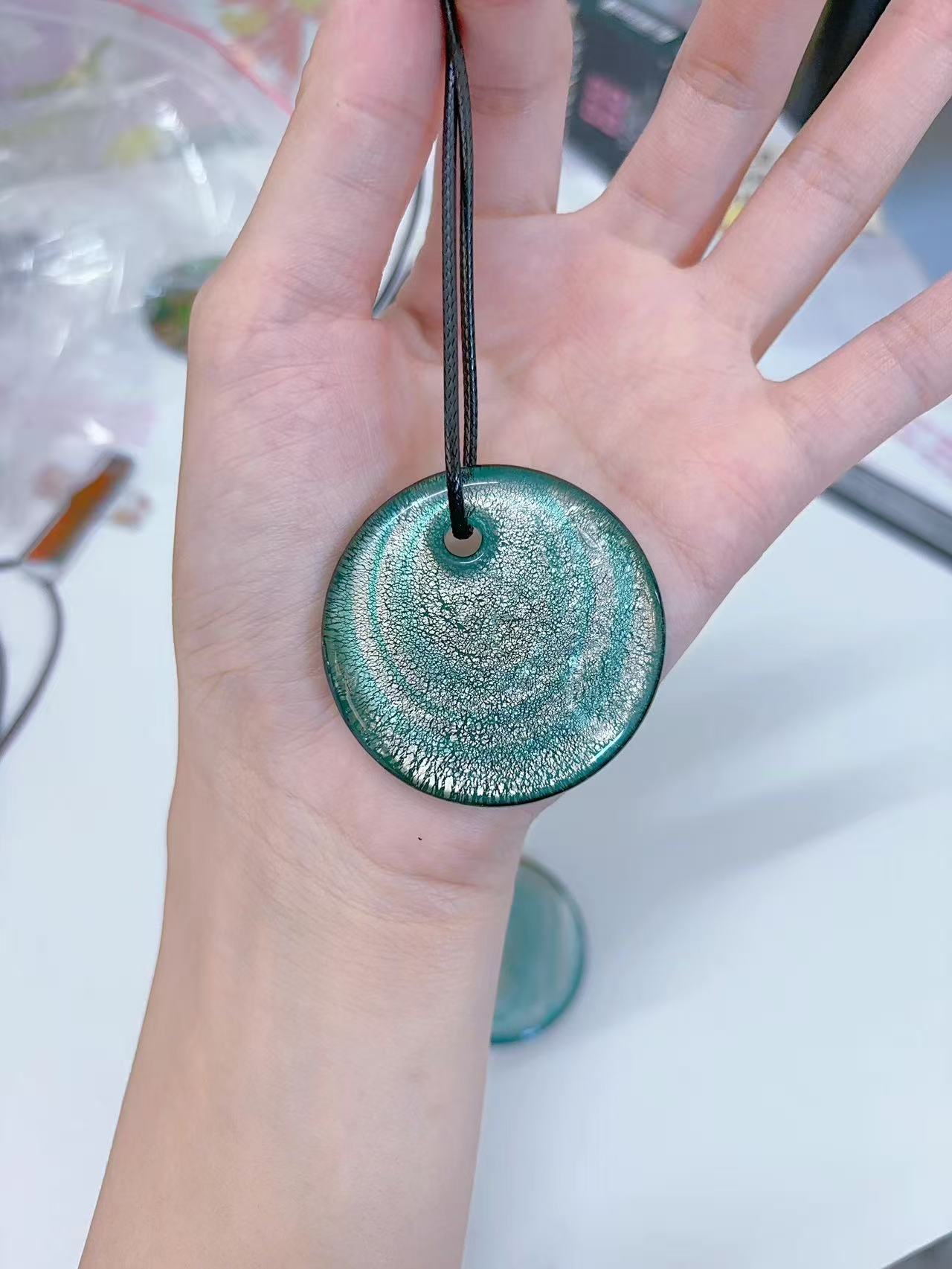 Island style blue glass pendant necklace, vintage nostalgic colorful art necklace, ins style niche design, one of a kind.