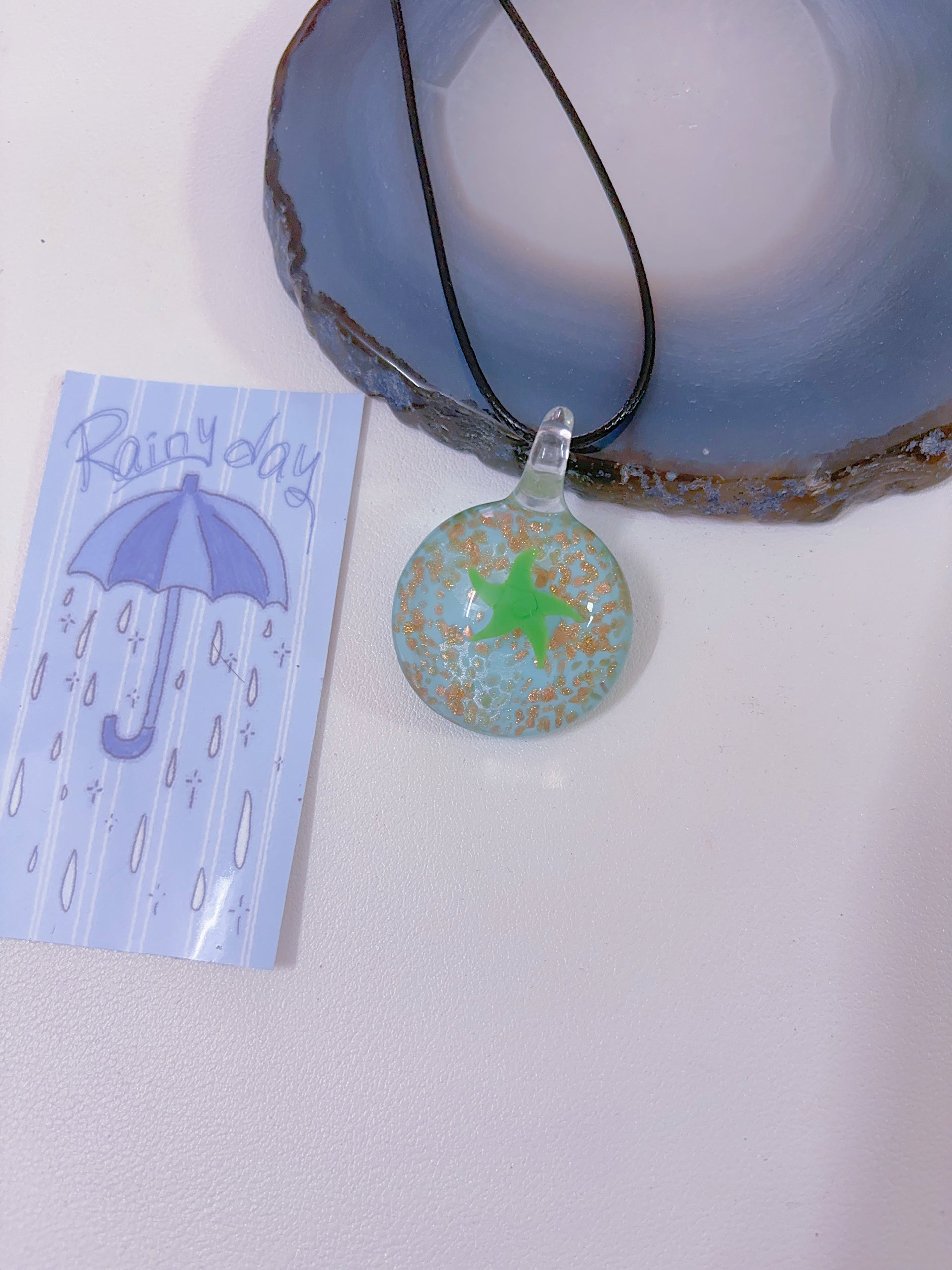 K6 blue necklace glass necklace design sense necklace colorful necklace leather rope long necklace y2k glass pendant female