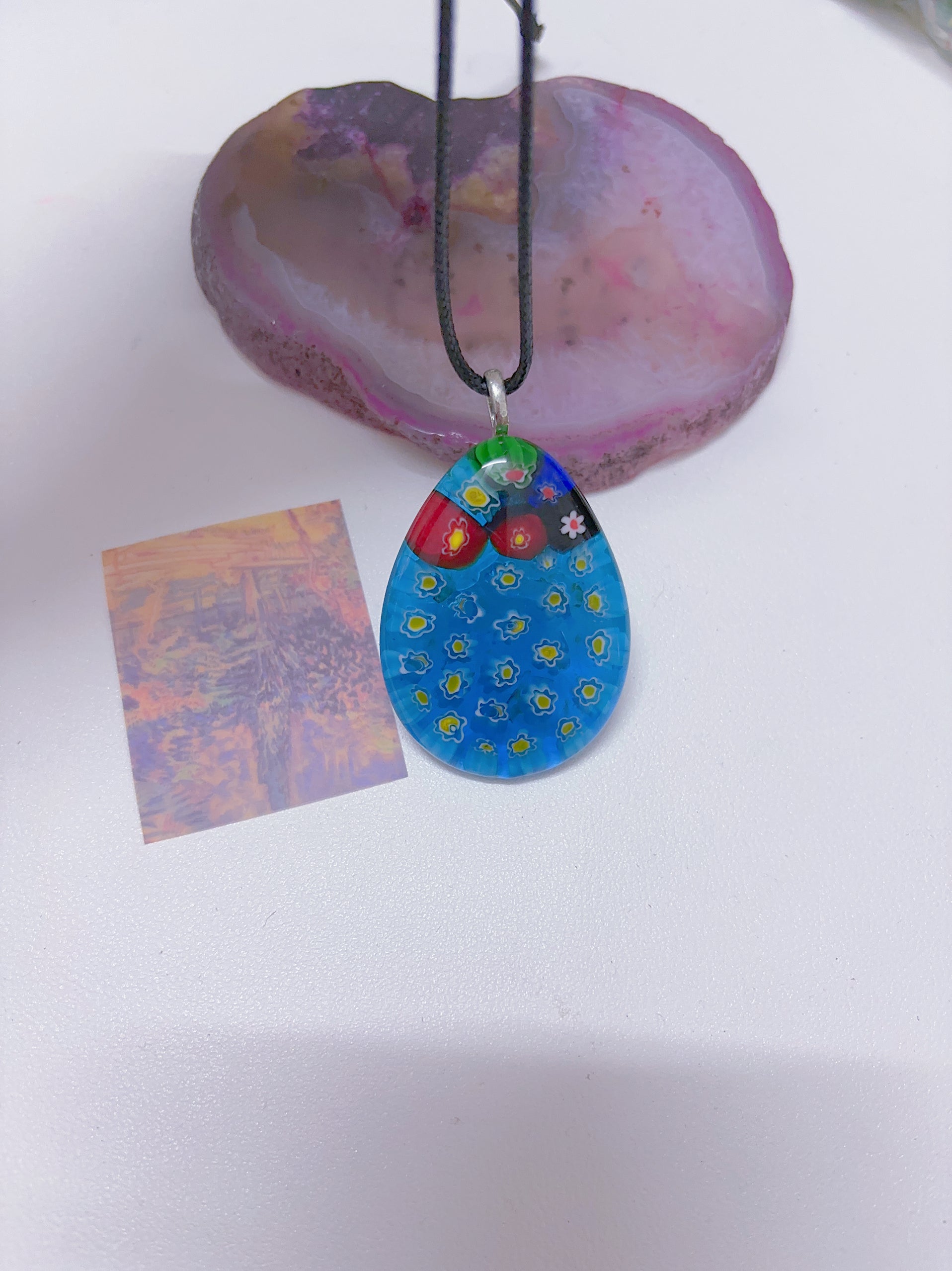 Island style blue glass pendant necklace, vintage nostalgic colorful art necklace, ins style niche design, one of a kind.