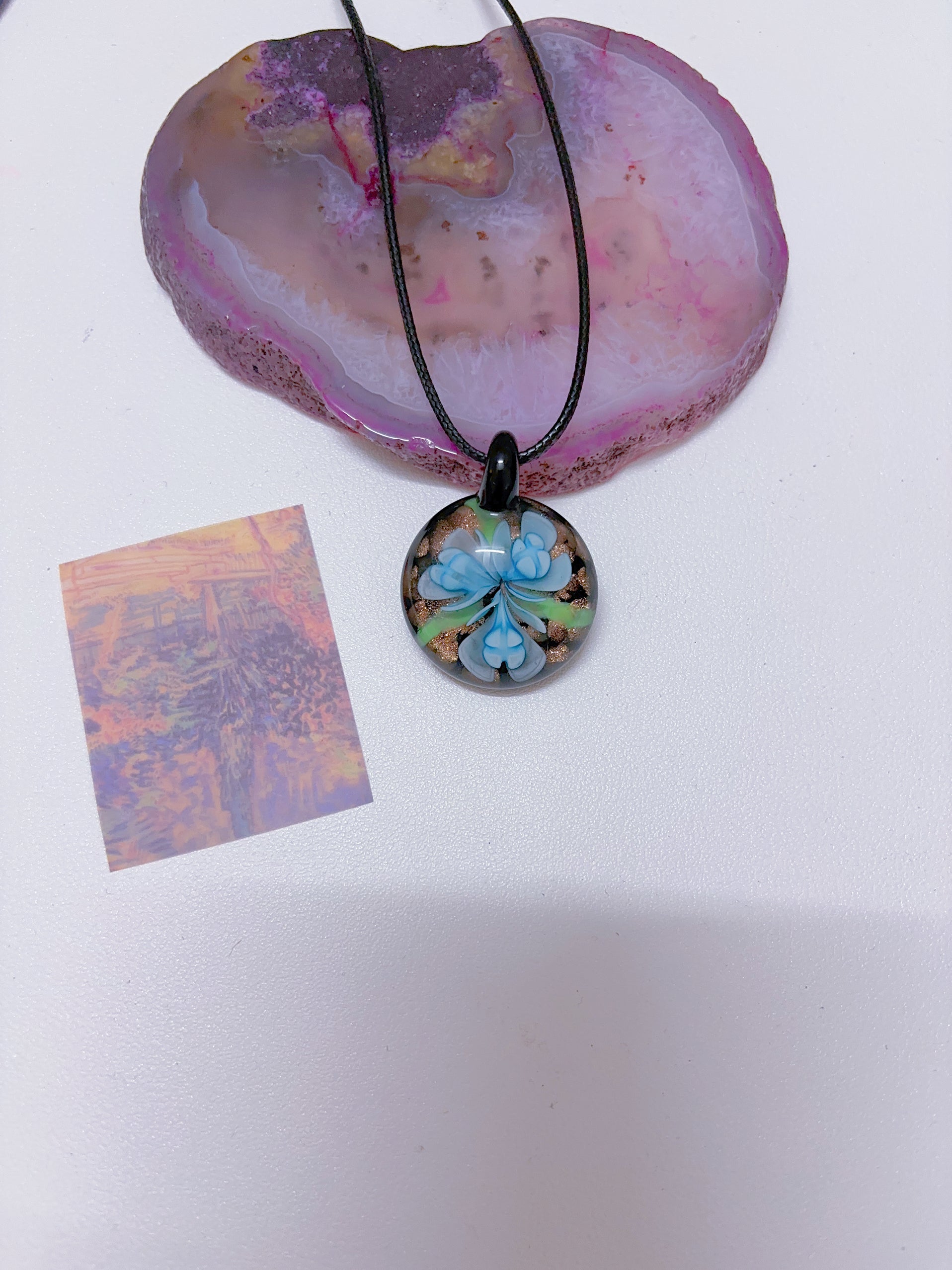 Island style blue glass pendant necklace, vintage nostalgic colorful art necklace, ins style niche design, one of a kind.