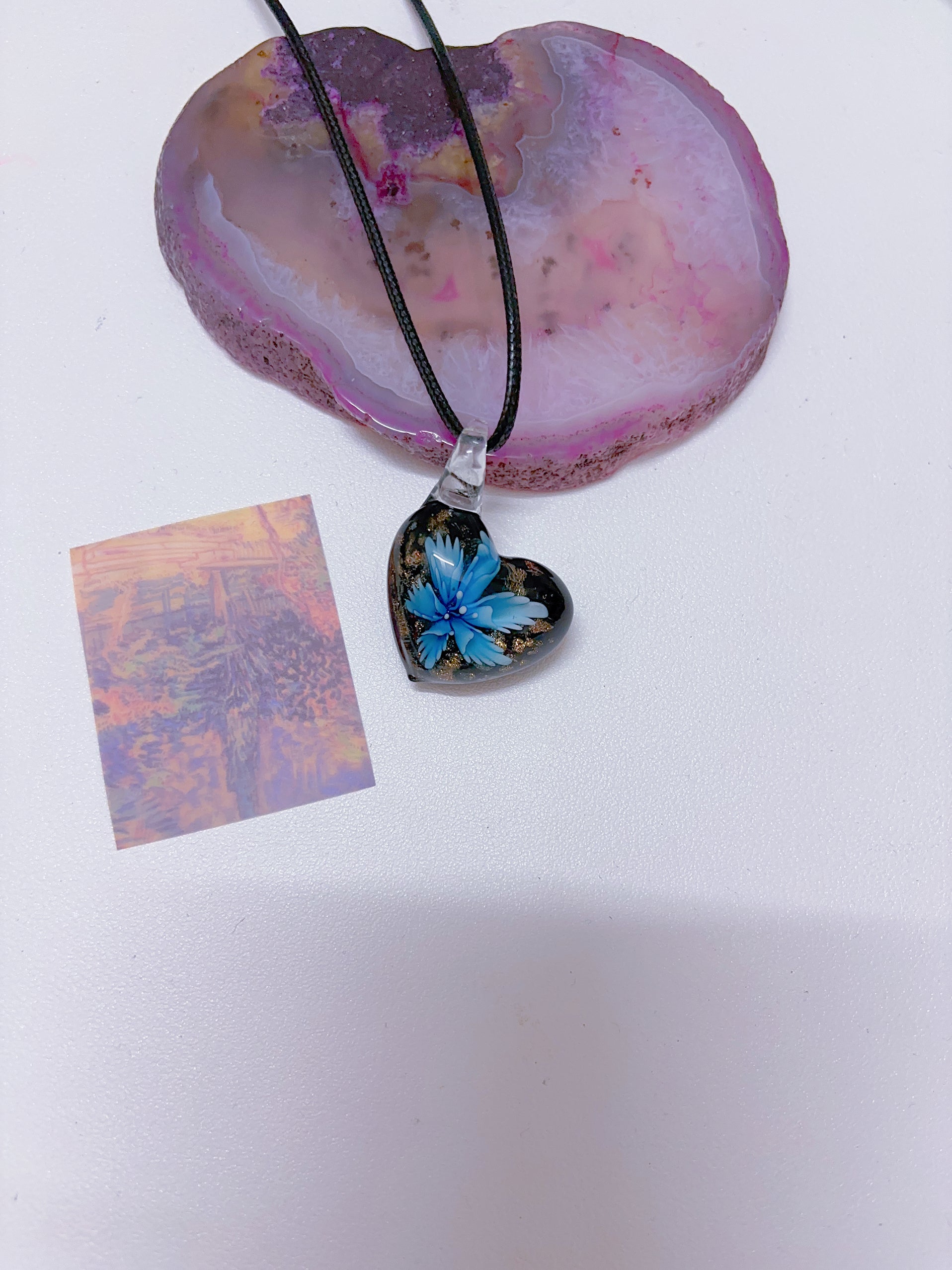 Island style blue glass pendant necklace, vintage nostalgic colorful art necklace, ins style niche design, one of a kind.