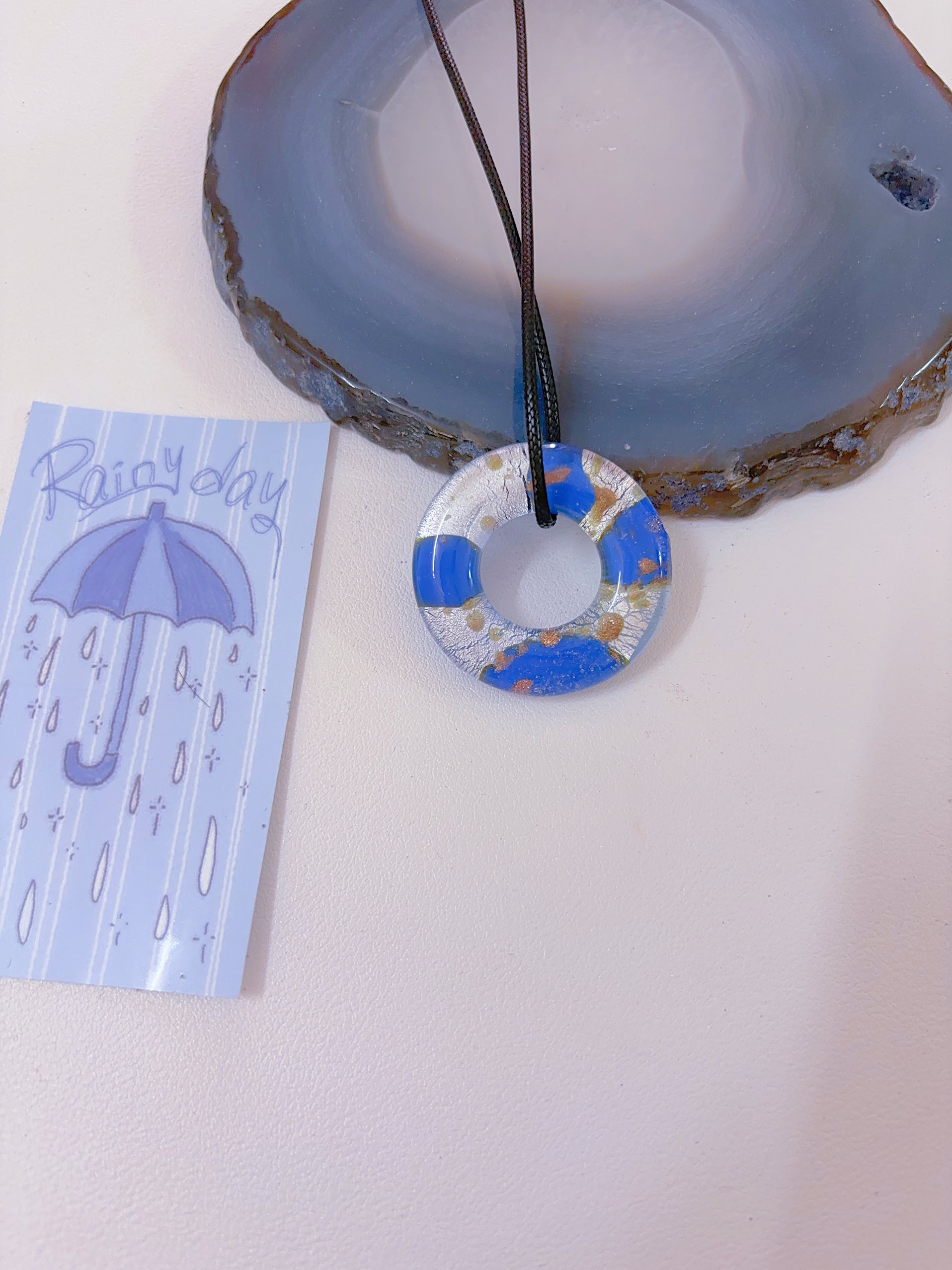 K6 blue necklace glass necklace design sense necklace colorful necklace leather rope long necklace y2k glass pendant female