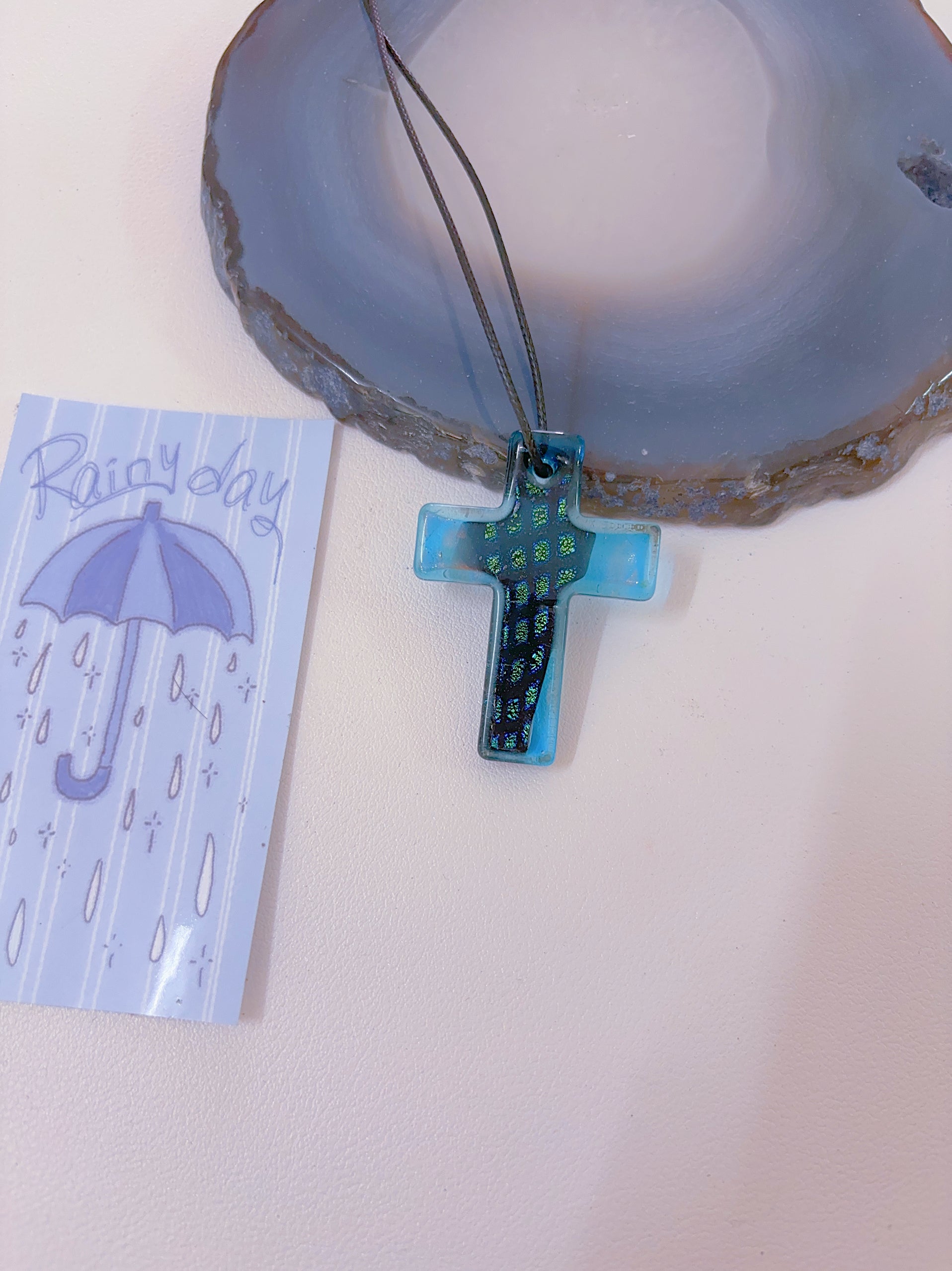 K6 blue necklace glass necklace design sense necklace colorful necklace leather rope long necklace y2k glass pendant female