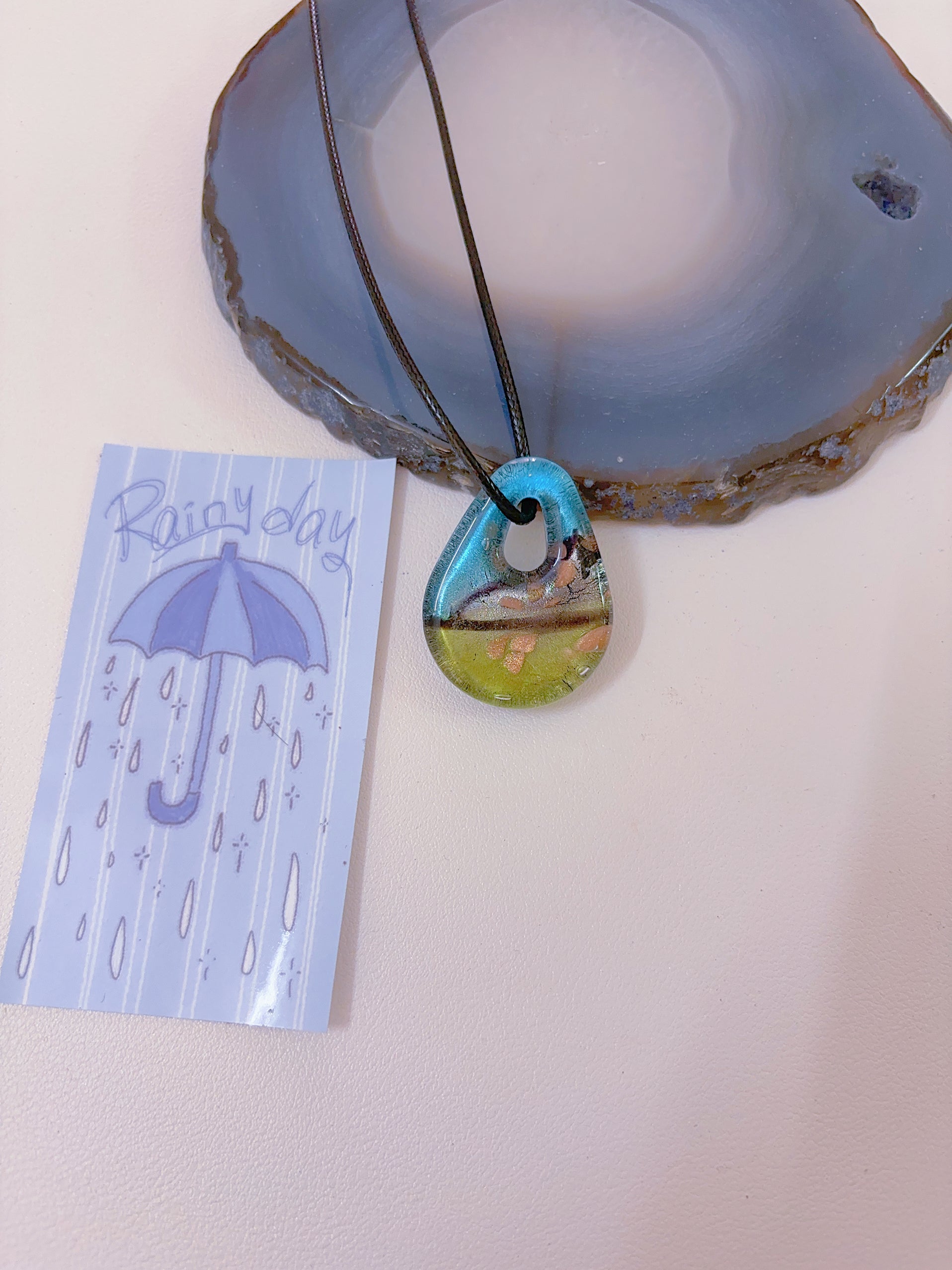 K6 blue necklace glass necklace design sense necklace colorful necklace leather rope long necklace y2k glass pendant female