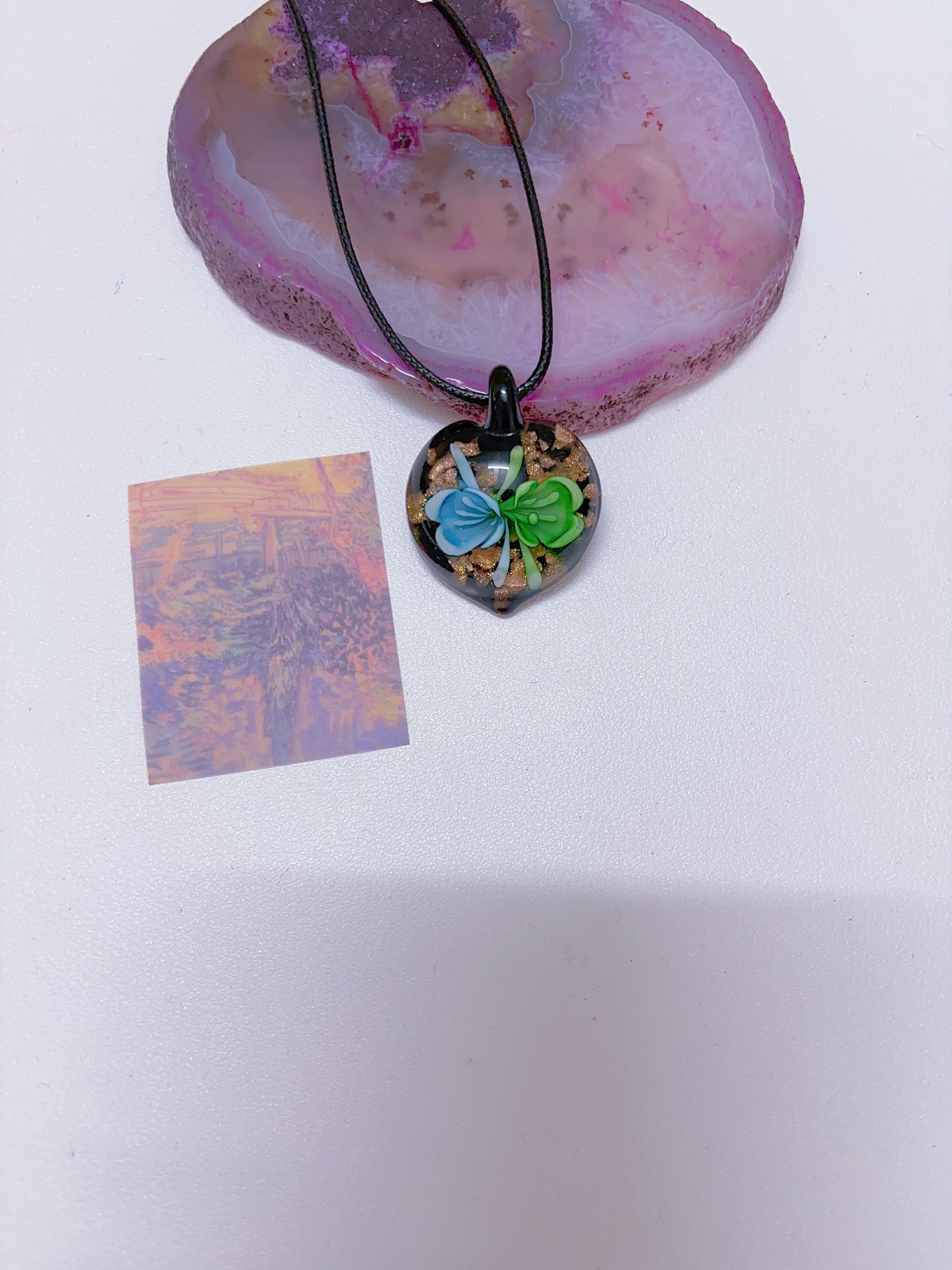 Island style blue glass pendant necklace, vintage nostalgic colorful art necklace, ins style niche design, one of a kind.