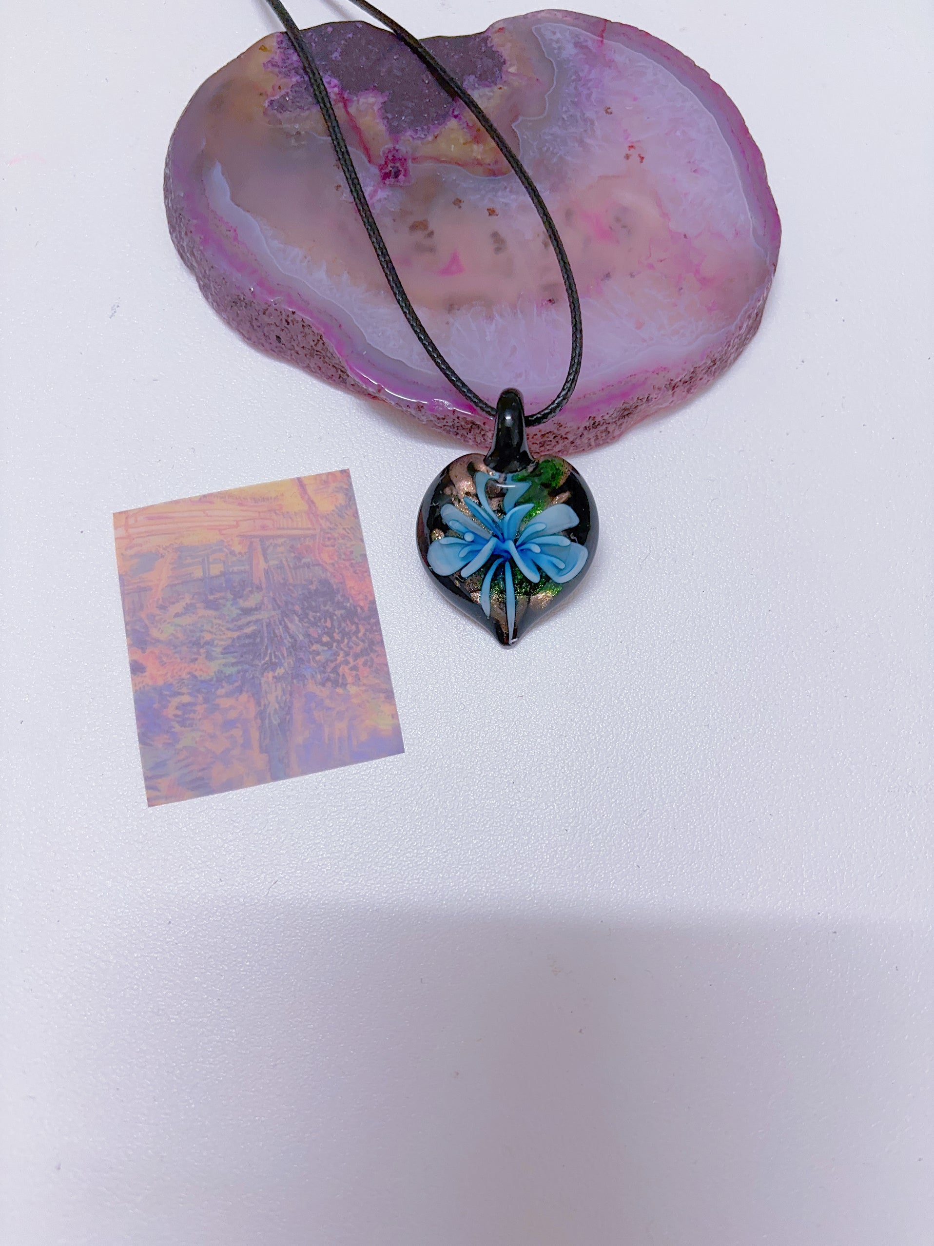 Island style blue glass pendant necklace, vintage nostalgic colorful art necklace, ins style niche design, one of a kind.