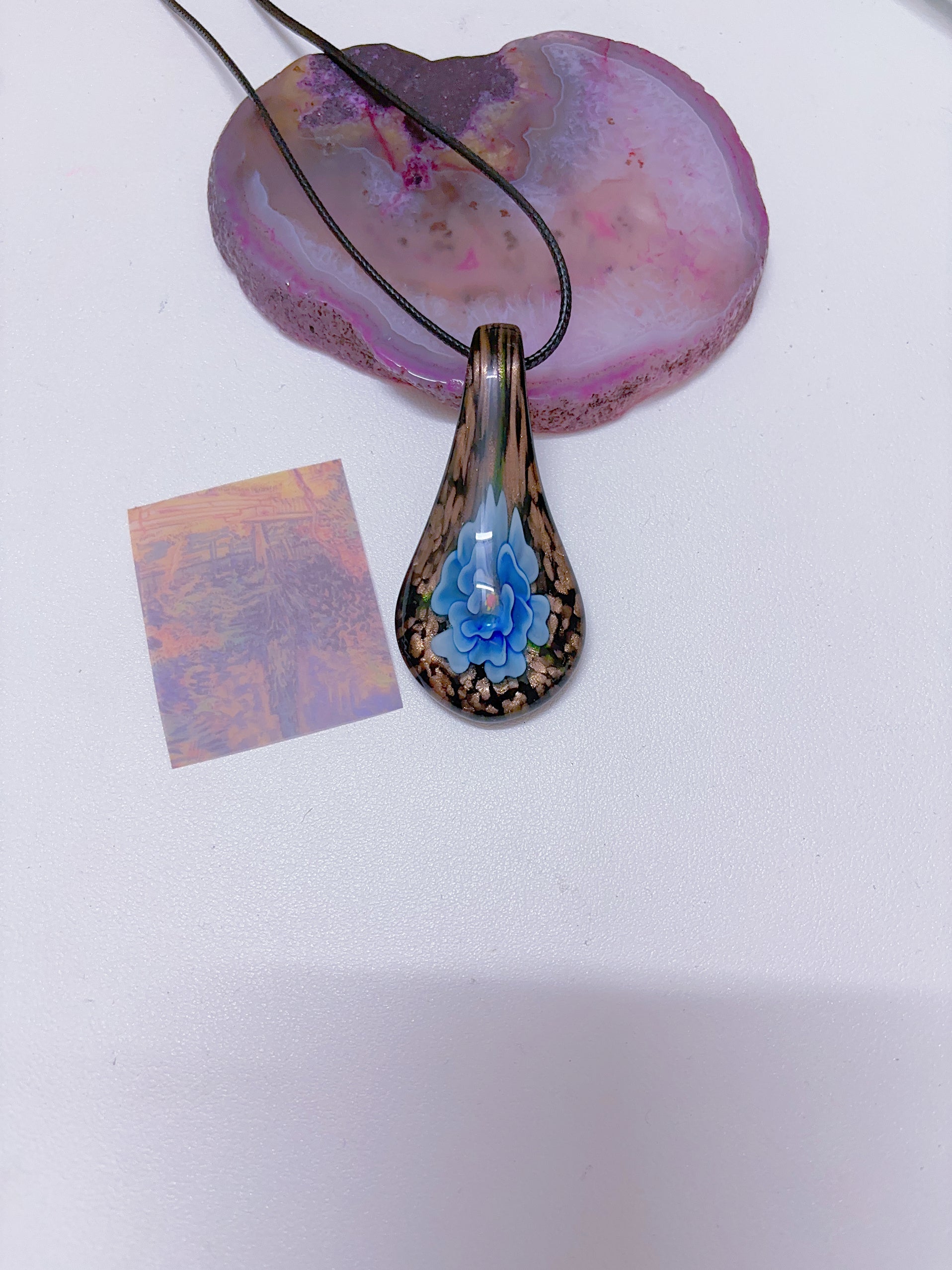 Island style blue glass pendant necklace, vintage nostalgic colorful art necklace, ins style niche design, one of a kind.