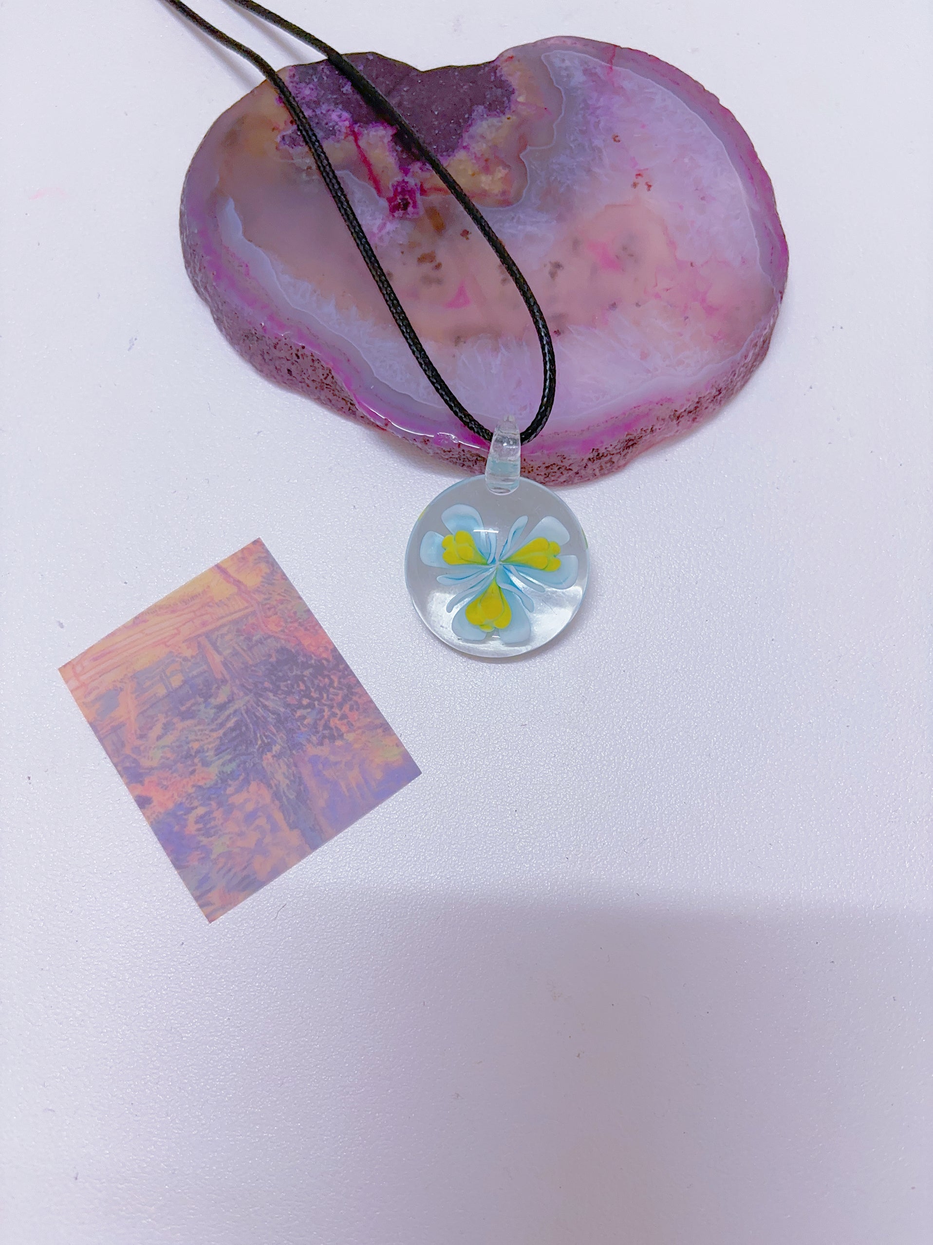 Island style blue glass pendant necklace, vintage nostalgic colorful art necklace, ins style niche design, one of a kind.