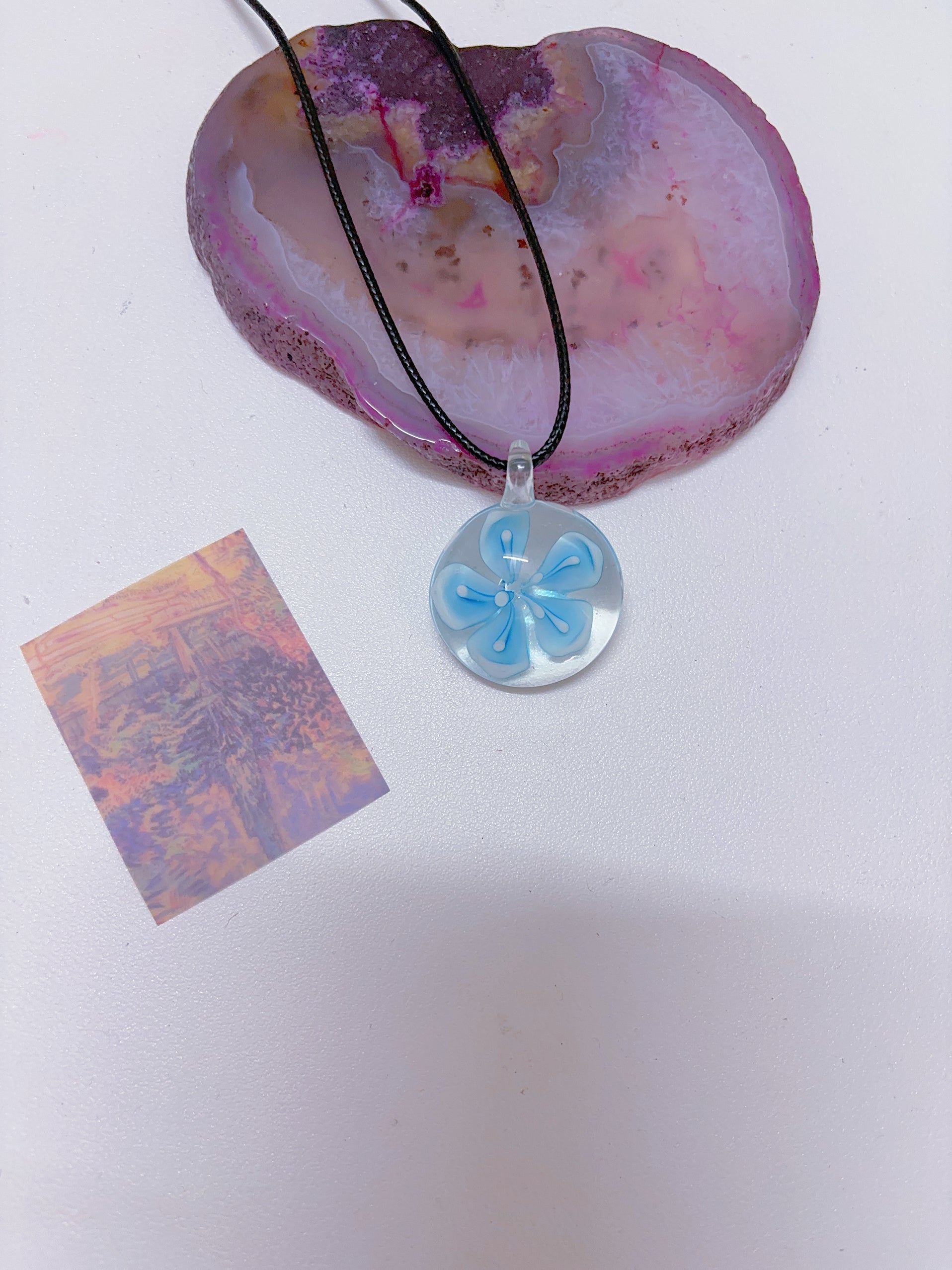 Island style blue glass pendant necklace, vintage nostalgic colorful art necklace, ins style niche design, one of a kind.