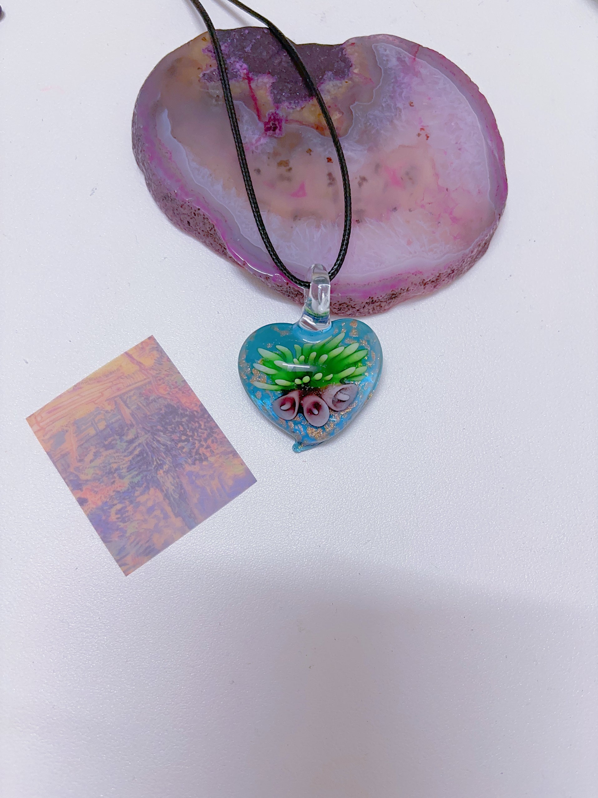 Island style blue glass pendant necklace, vintage nostalgic colorful art necklace, ins style niche design, one of a kind.