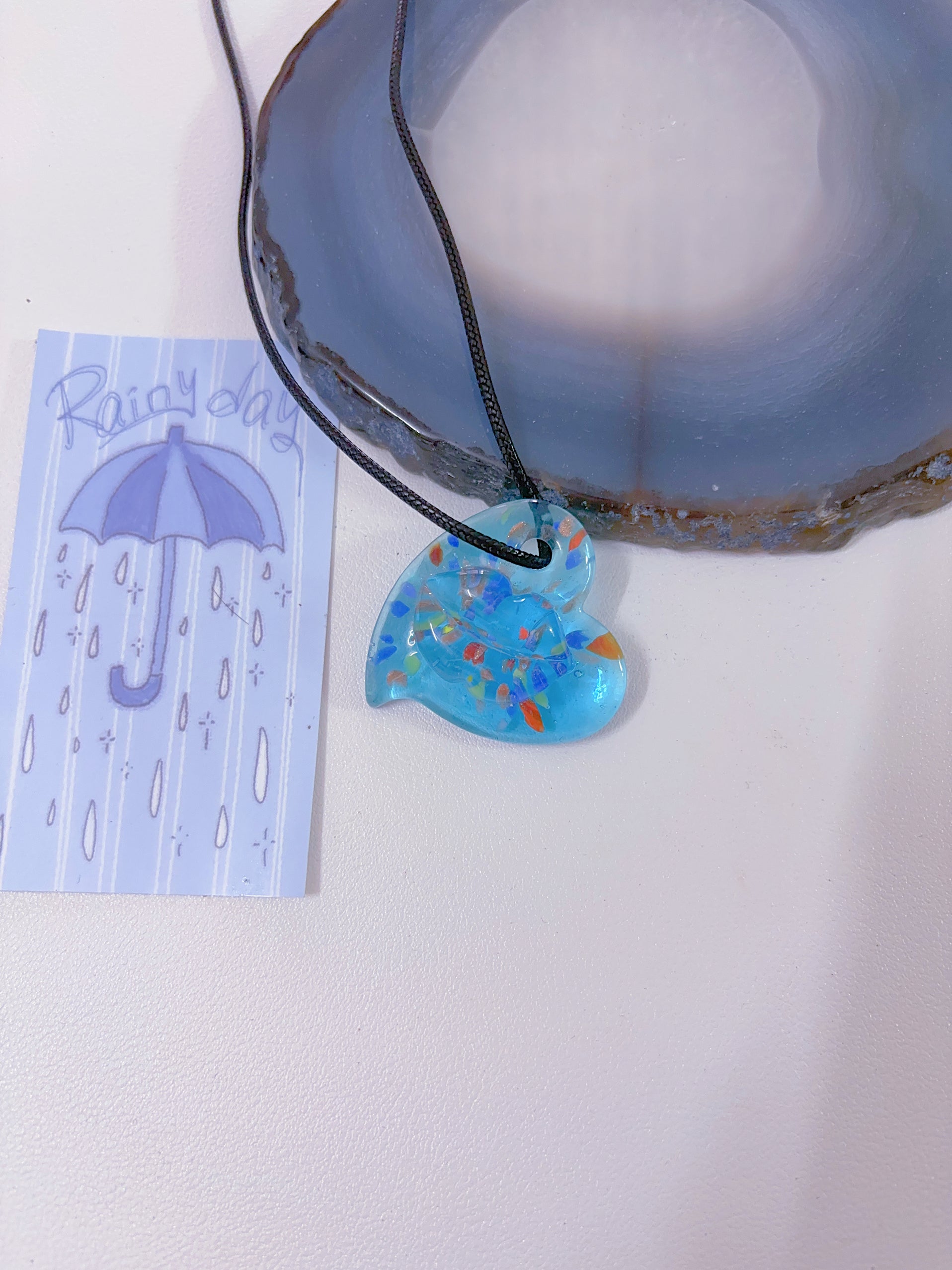 K6 blue necklace glass necklace design sense necklace colorful necklace leather rope long necklace y2k glass pendant female