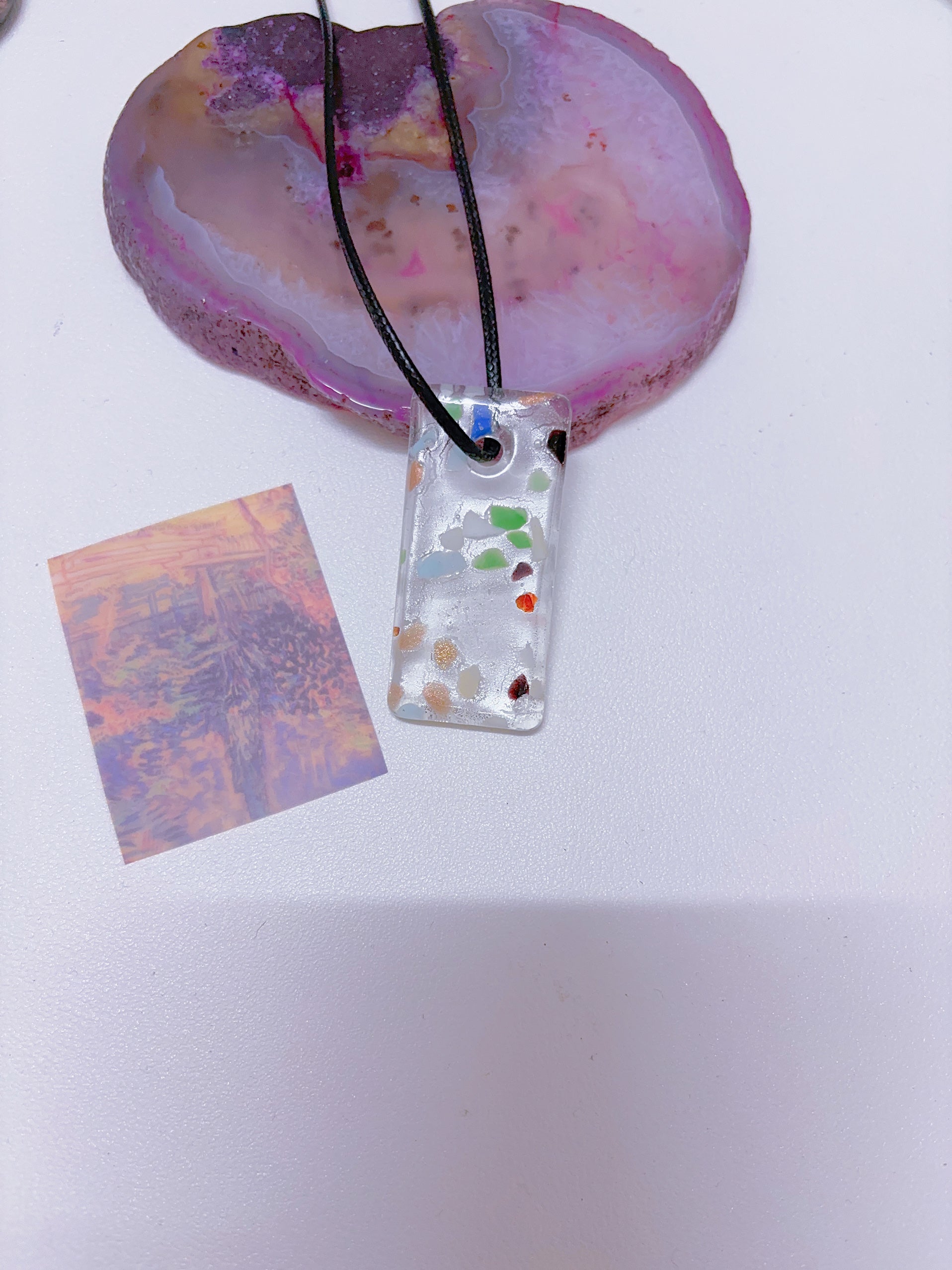 Island style blue glass pendant necklace, vintage nostalgic colorful art necklace, ins style niche design, one of a kind.