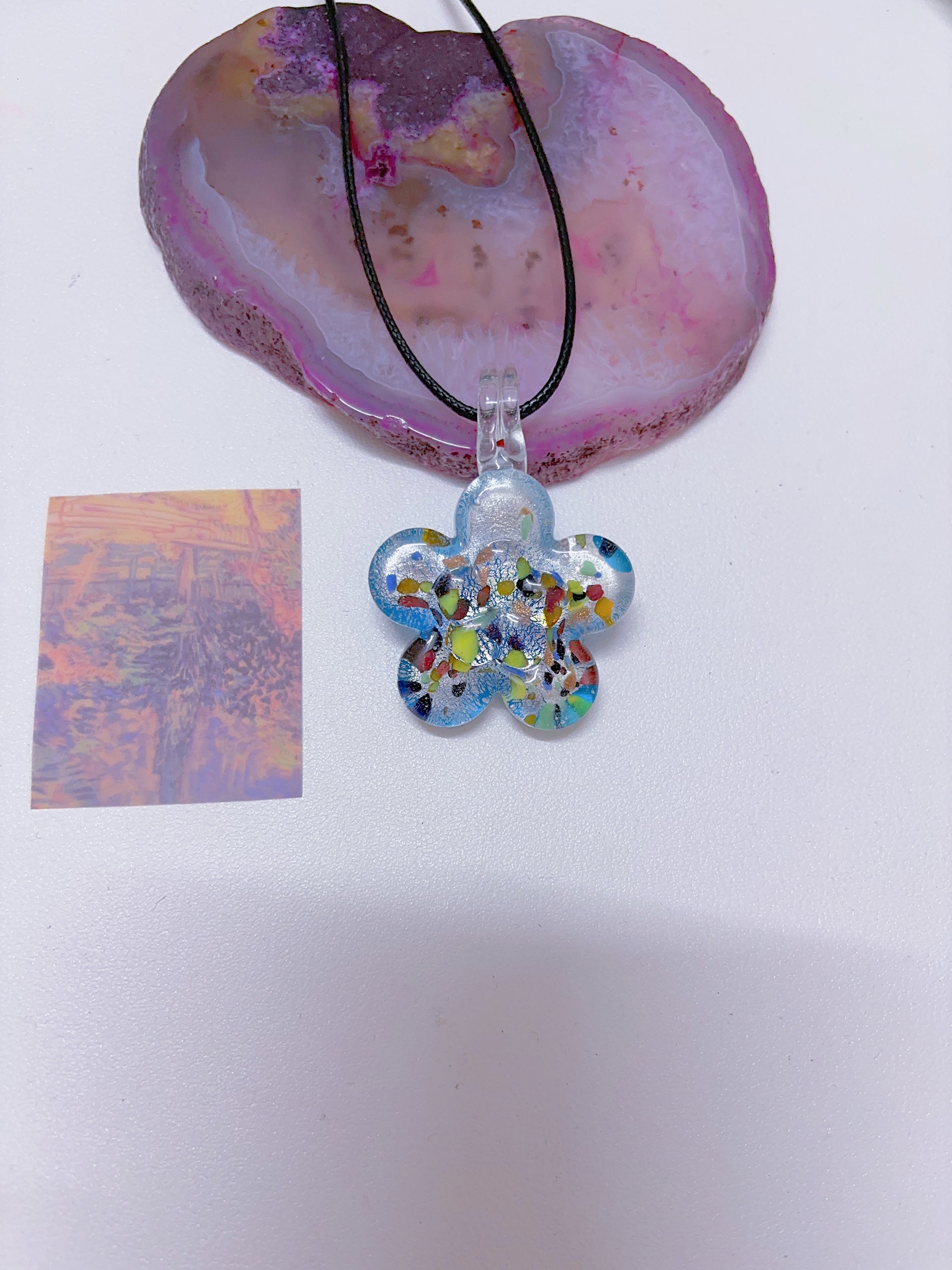 Island style blue glass pendant necklace, vintage nostalgic colorful art necklace, ins style niche design, one of a kind.