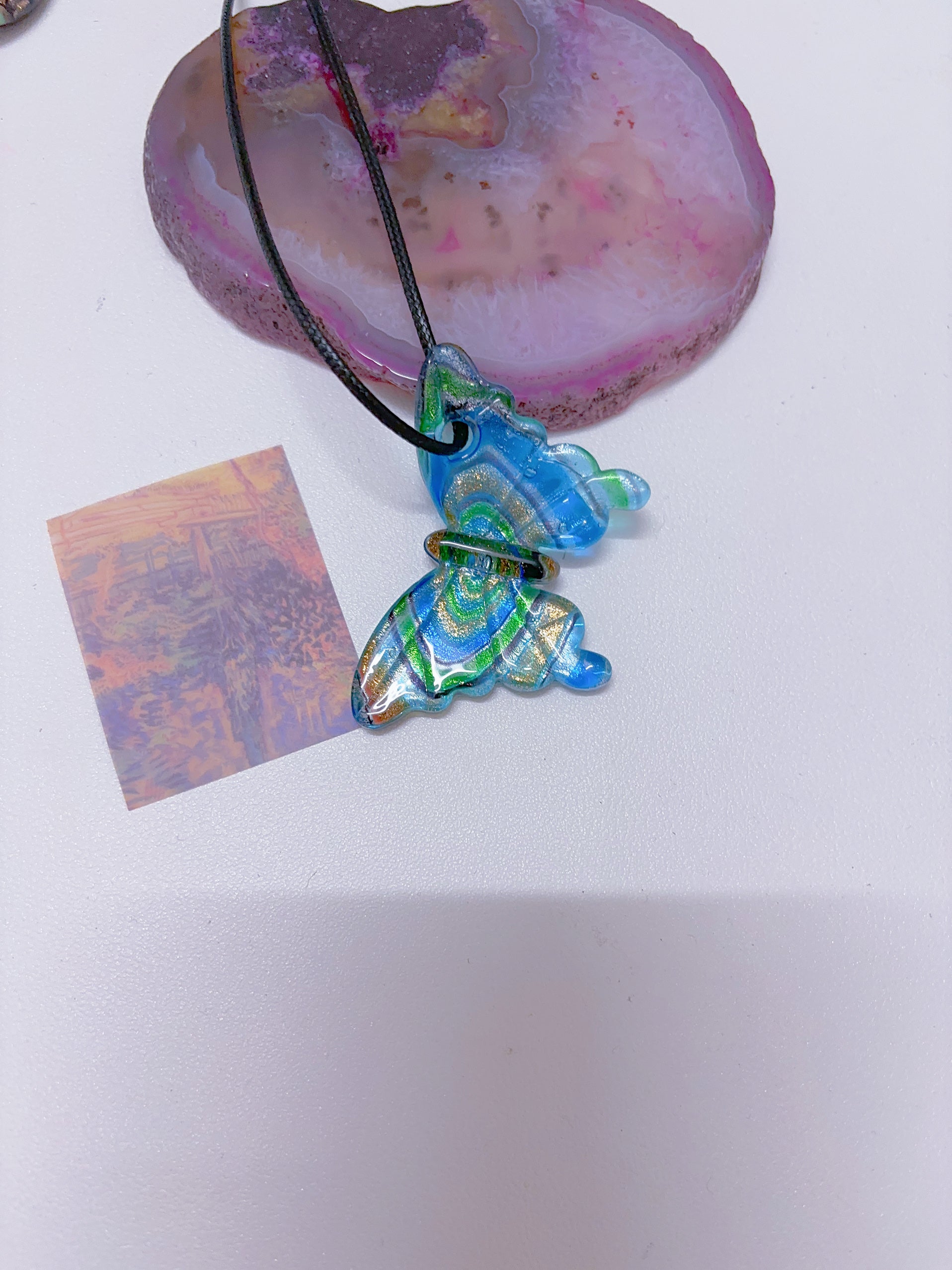 Island style blue glass pendant necklace, vintage nostalgic colorful art necklace, ins style niche design, one of a kind.