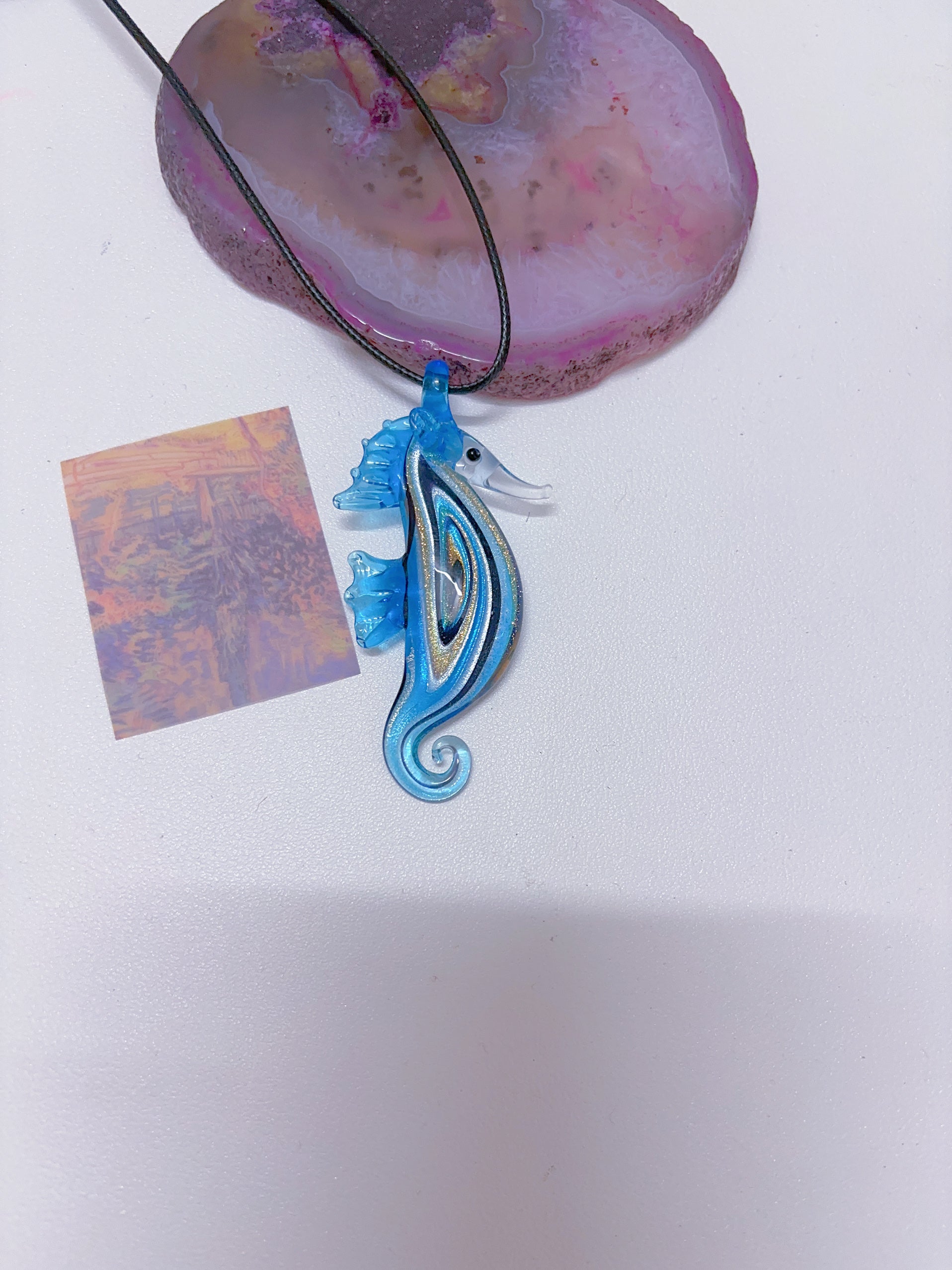 Island style blue glass pendant necklace, vintage nostalgic colorful art necklace, ins style niche design, one of a kind.