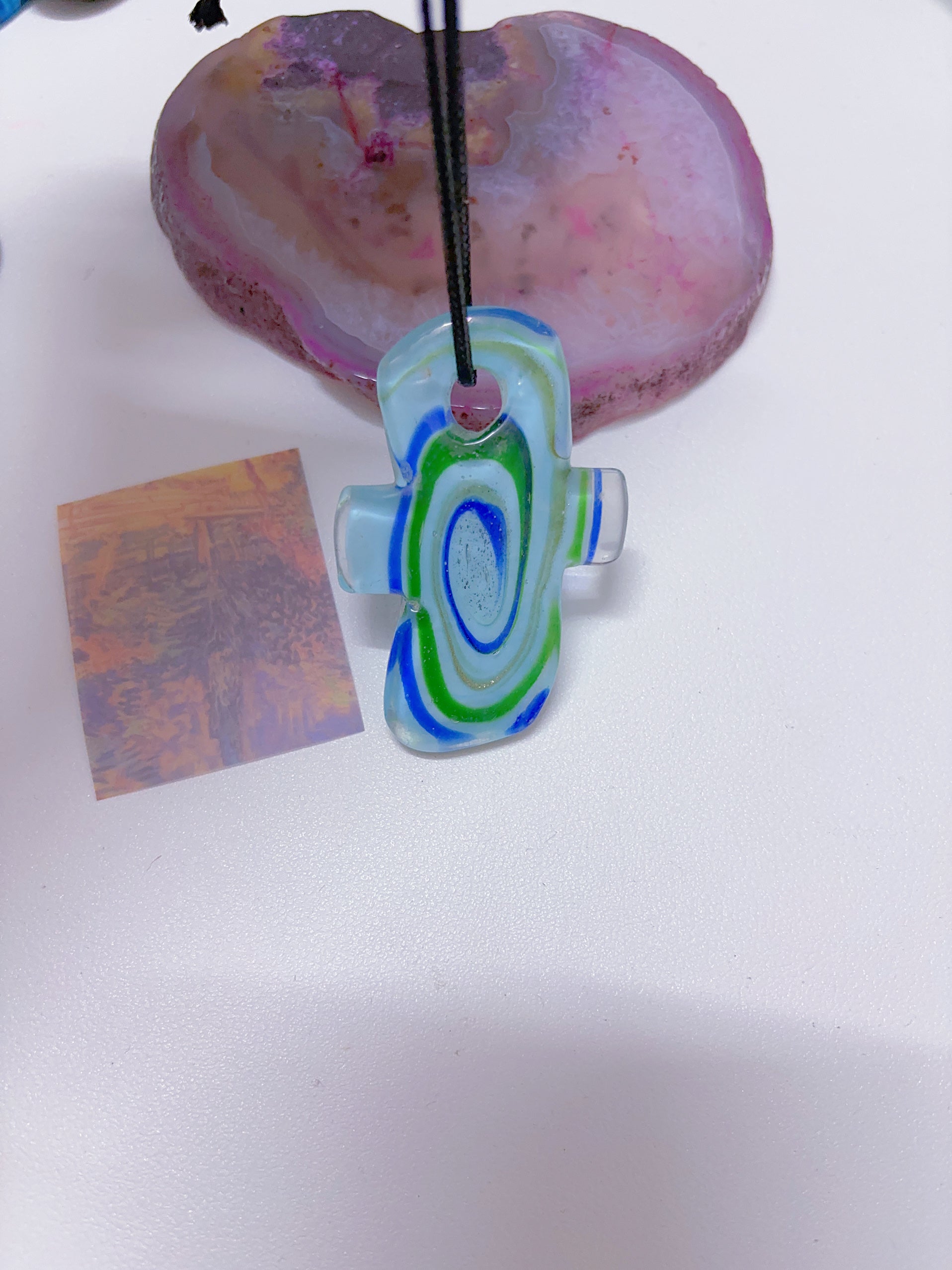 Island style blue glass pendant necklace, vintage nostalgic colorful art necklace, ins style niche design, one of a kind.