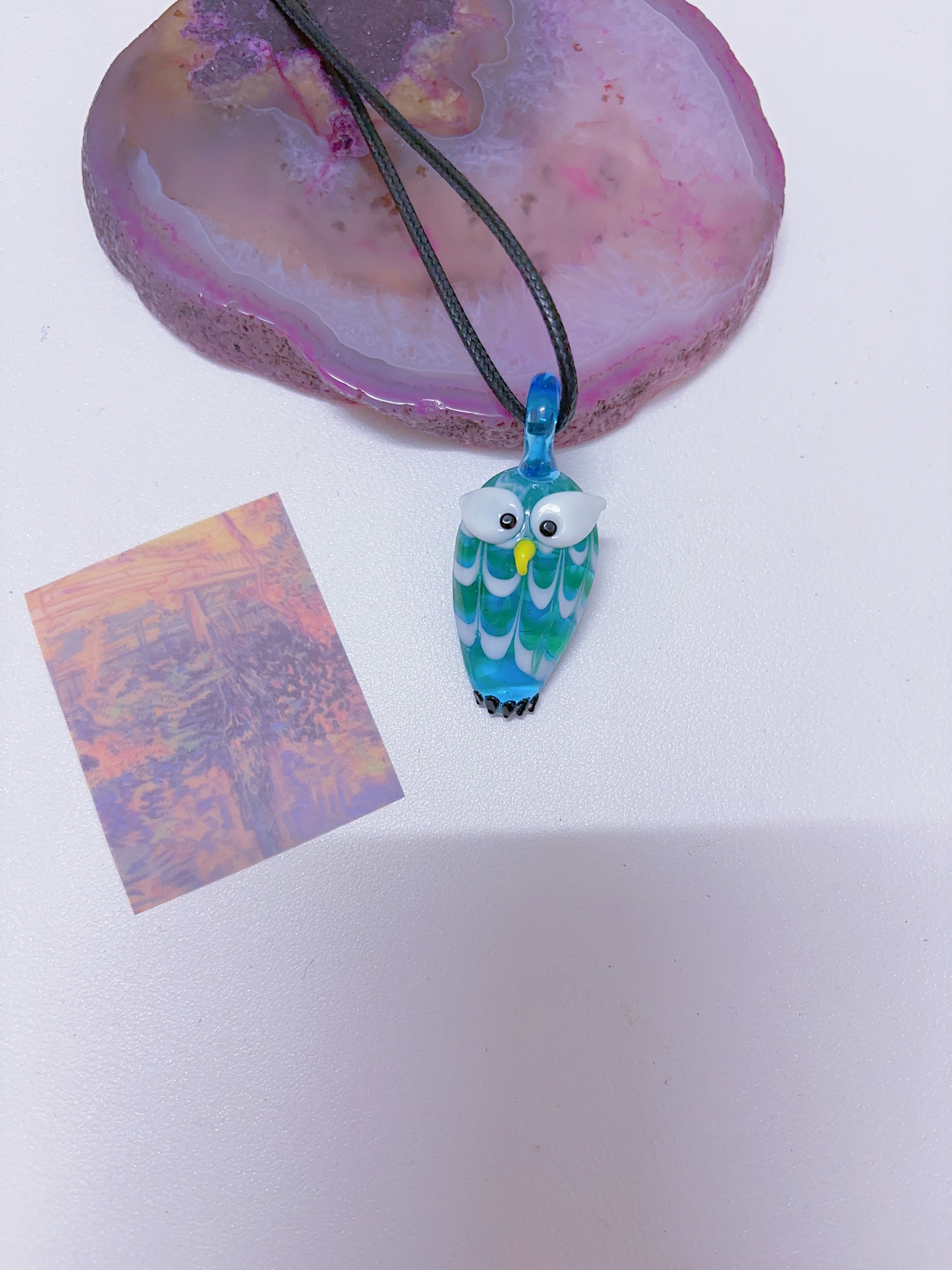 Island style blue glass pendant necklace, vintage nostalgic colorful art necklace, ins style niche design, one of a kind.