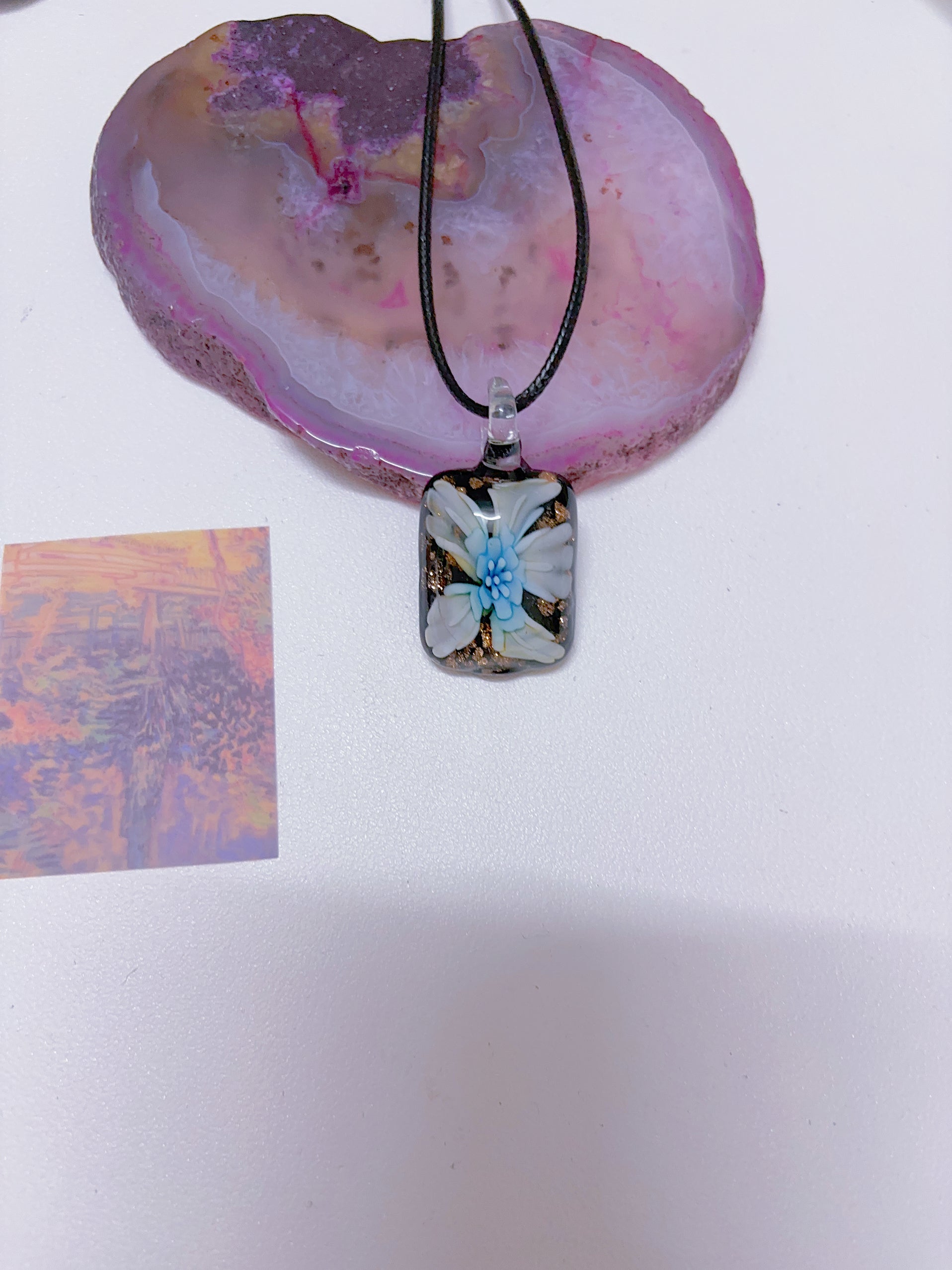 Island style blue glass pendant necklace, vintage nostalgic colorful art necklace, ins style niche design, one of a kind.