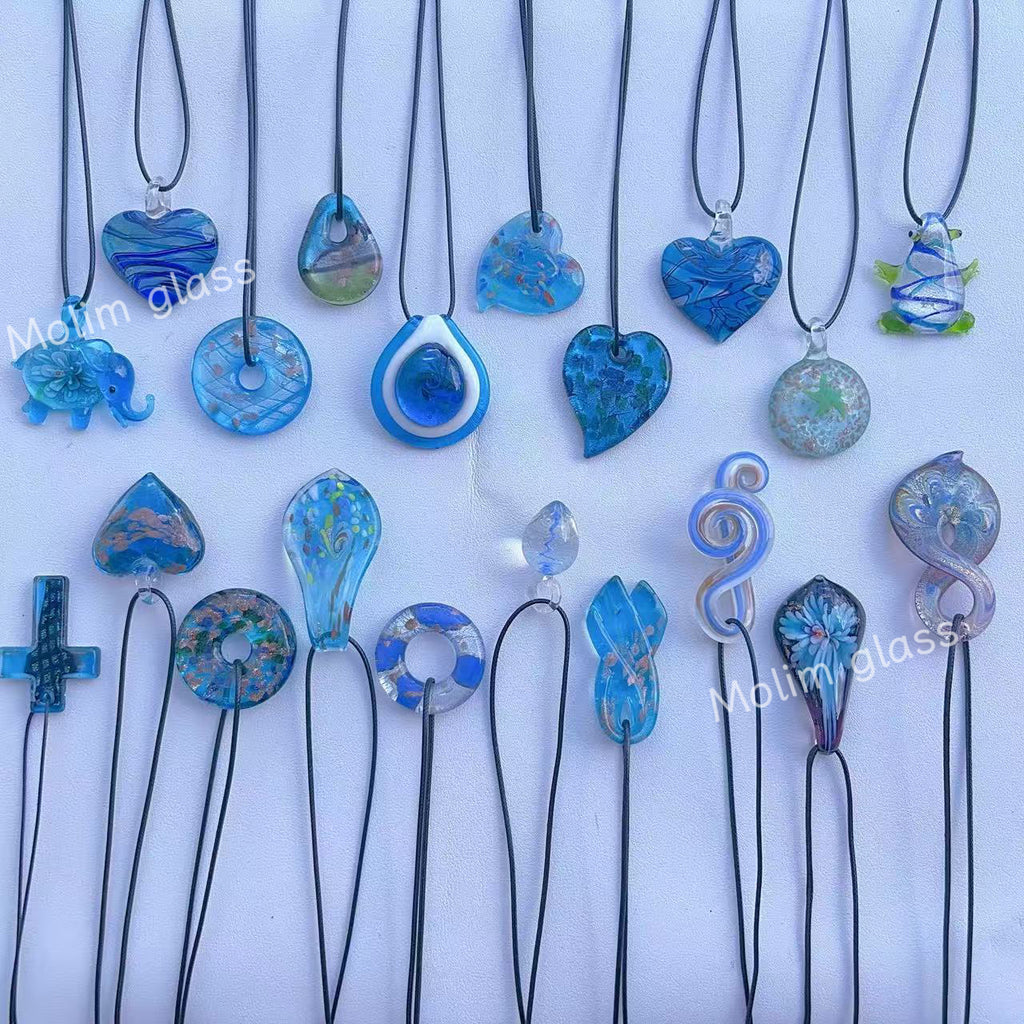 K6 blue necklace glass necklace design sense necklace colorful necklace leather rope long necklace y2k glass pendant female